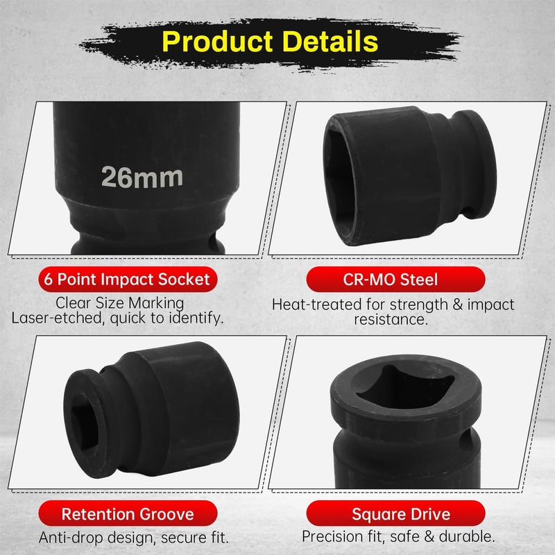 SUNKOO 1/2 Inch Drive 26mm Deep Impact Socket, CR-MO 6 Point Heavy Duty Metric Axle Nut Socket for Easy Removal of Axle and Wheel Hub Nuts - Image 3